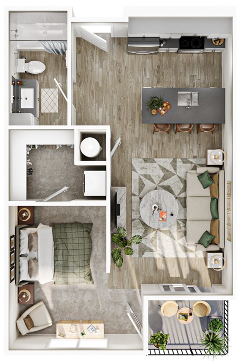 an overhead view of a bedroom with a living room and a dining room